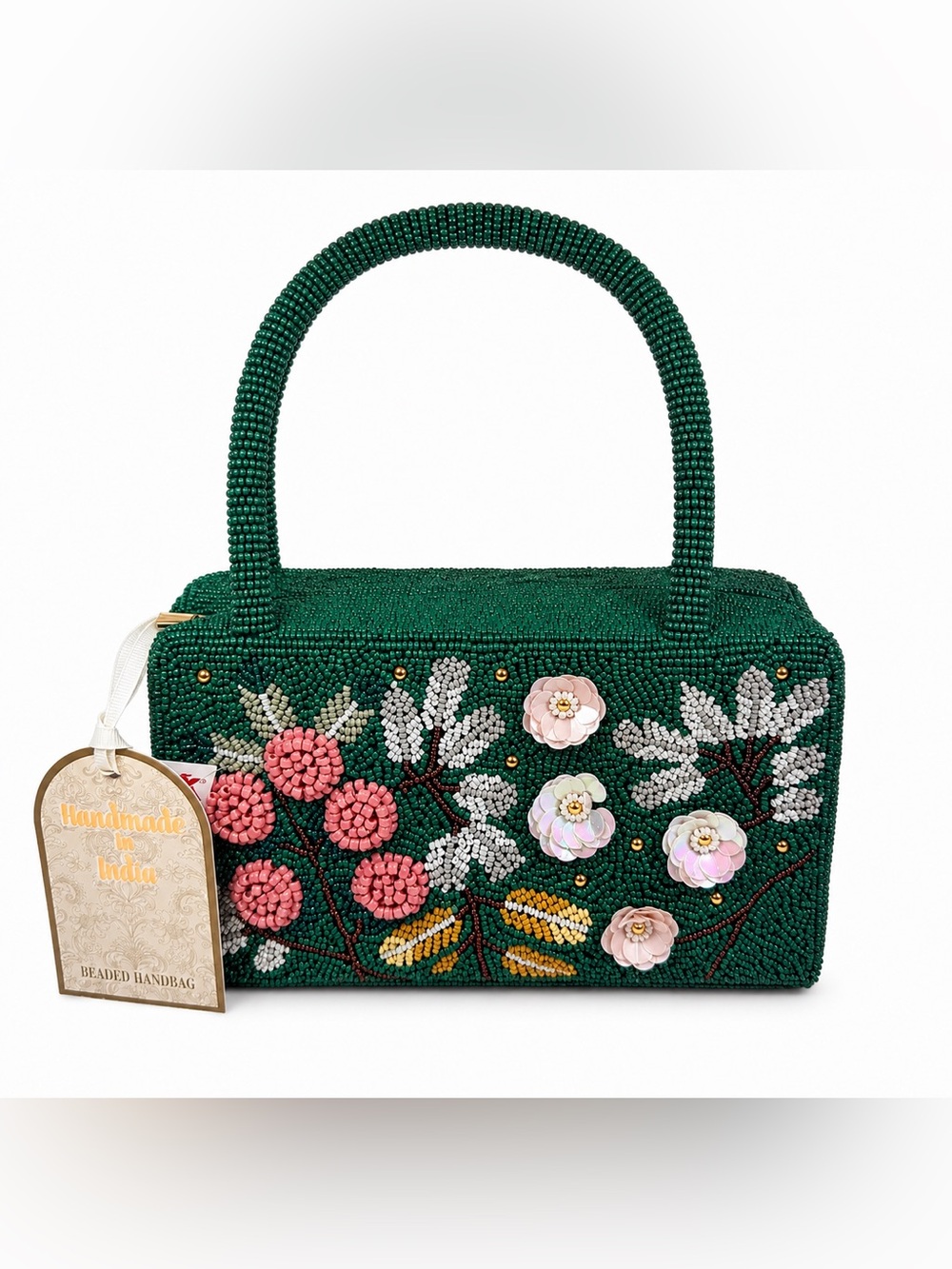 Handcrafted in India Green Floral Beaded Bag NWT